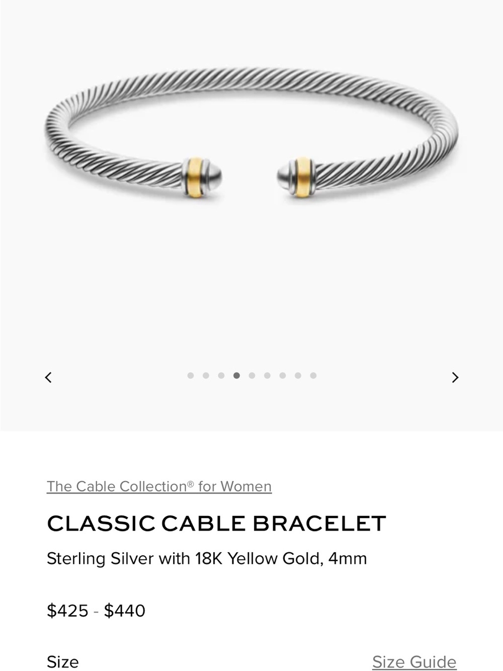 David Yurman Sterling Silver and Yellow Gold Cable Classic Cuff Bracelet